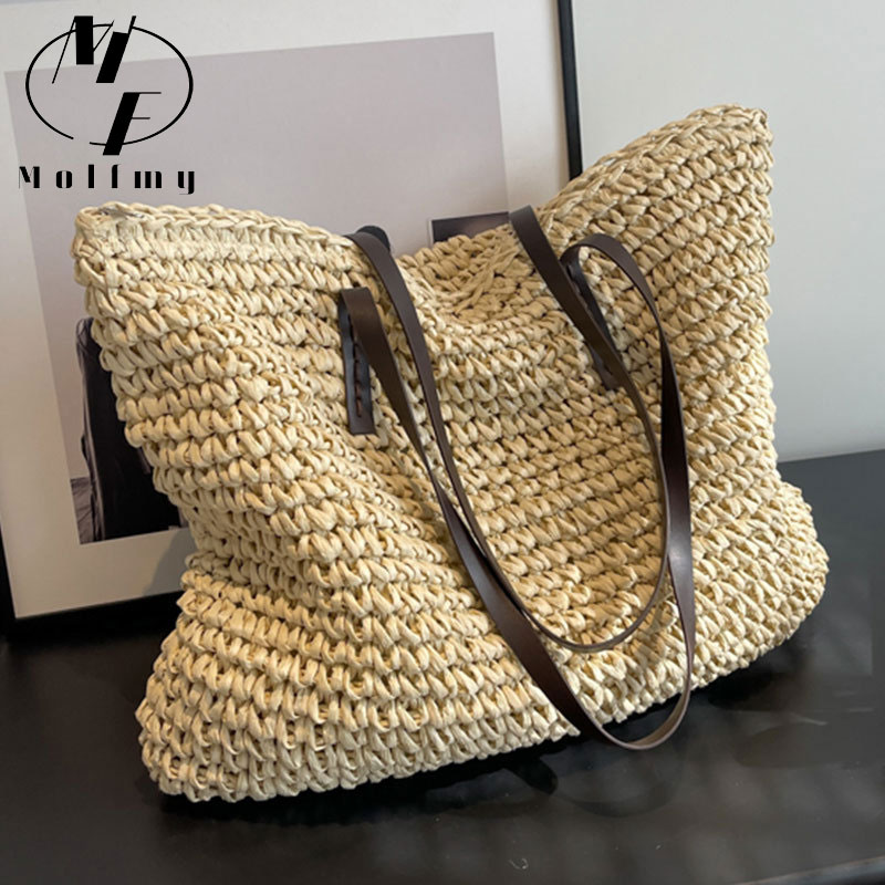 Beach Bag Straw - Palha tecido tote sacos casual grande