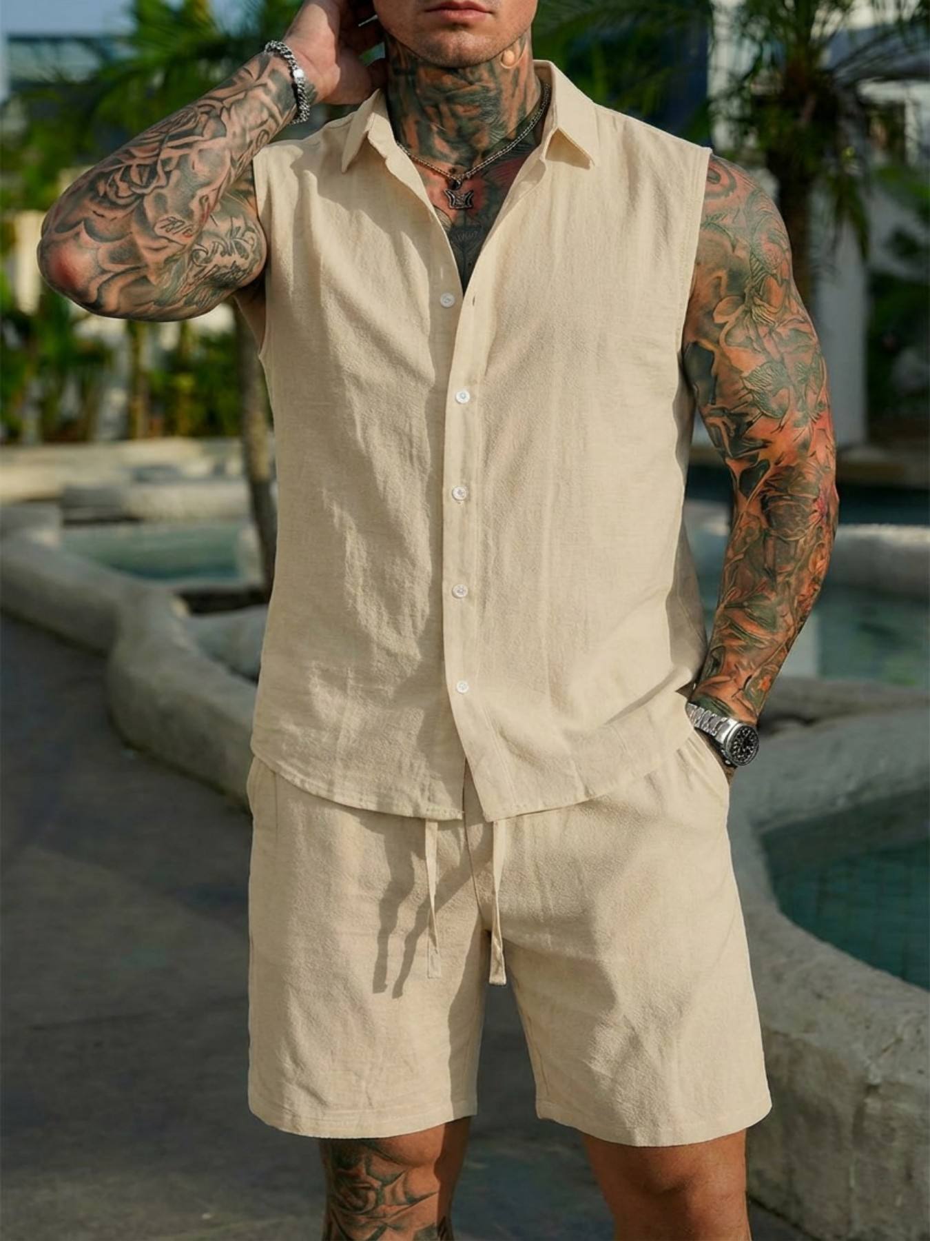 Summer Clothing Men Linen - Conjunto de Camisa de Linho de