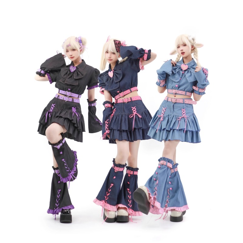 Summer Japanese Clothing - Conjunto de saia jeans Harajuku para