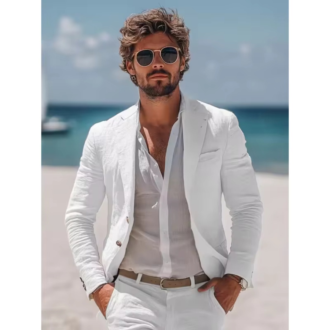 Summer Clothing Men Linen - Ternos Masculinos de Linho Branco 2