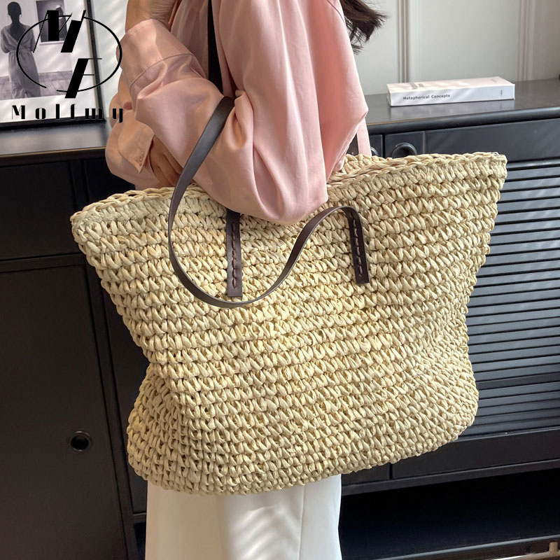 Palha tecido tote sacos casual - Beach Bag Straw avaliação e preço