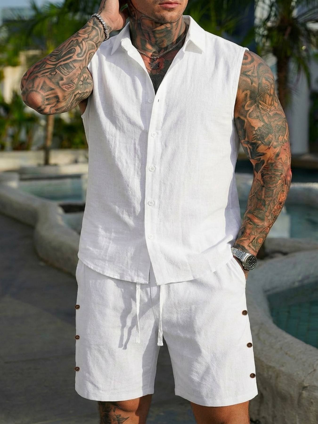 Conjunto de Camisa de Linho de - Summer Clothing Men Linen avaliação e preço
