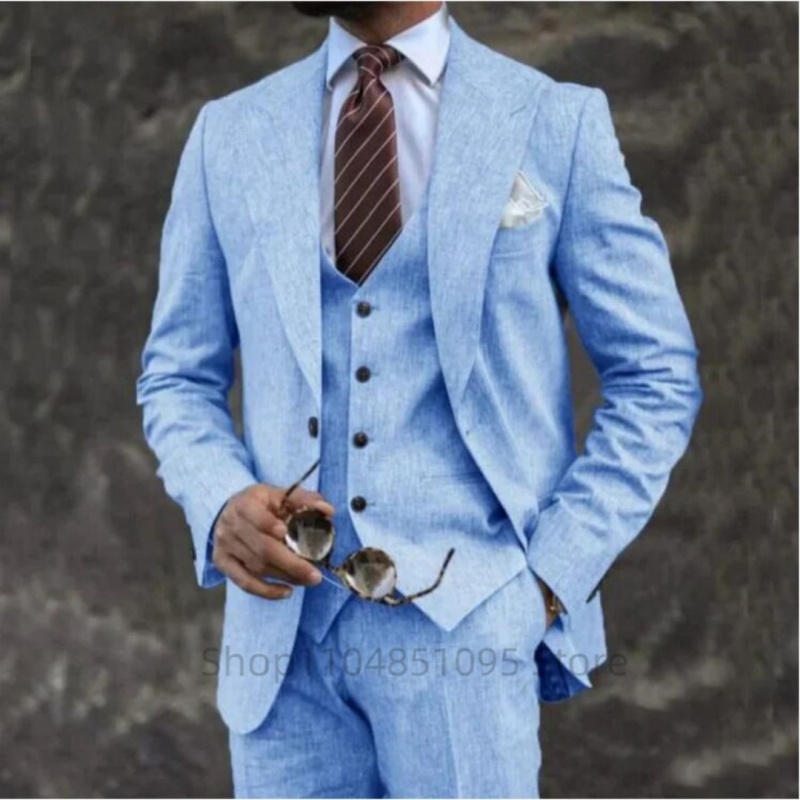 Alta qualidade 3 peças bege/az - Summer Clothing Men Linen avaliação e preço
