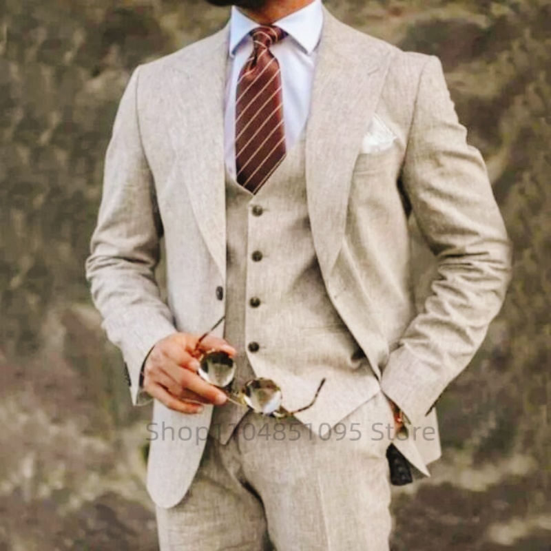 Alta qualidade 3 peças bege/az - Summer Clothing Men Linen avaliação e preço
