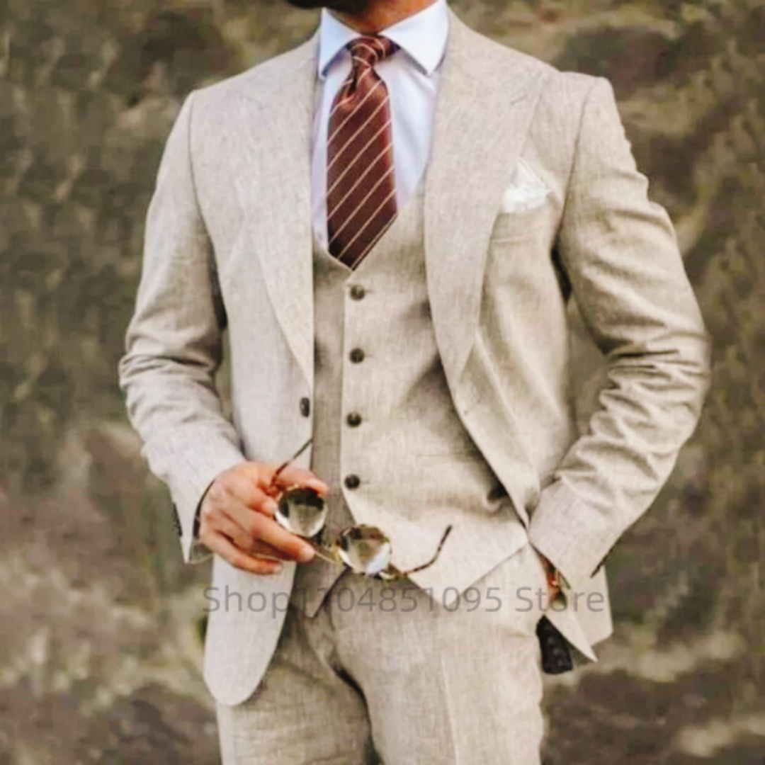 Alta qualidade 3 peças bege/az - Summer Clothing Men Linen avaliação e preço