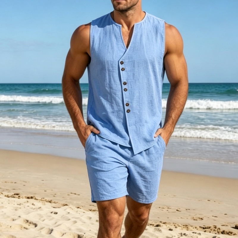 Conjunto de Camiseta Sem Manga - Linen Shorts Men avaliação e preço